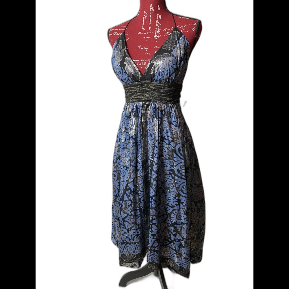 Nicole Miller silk/lurex halter crisscross blue black metallic print dress NWT 6